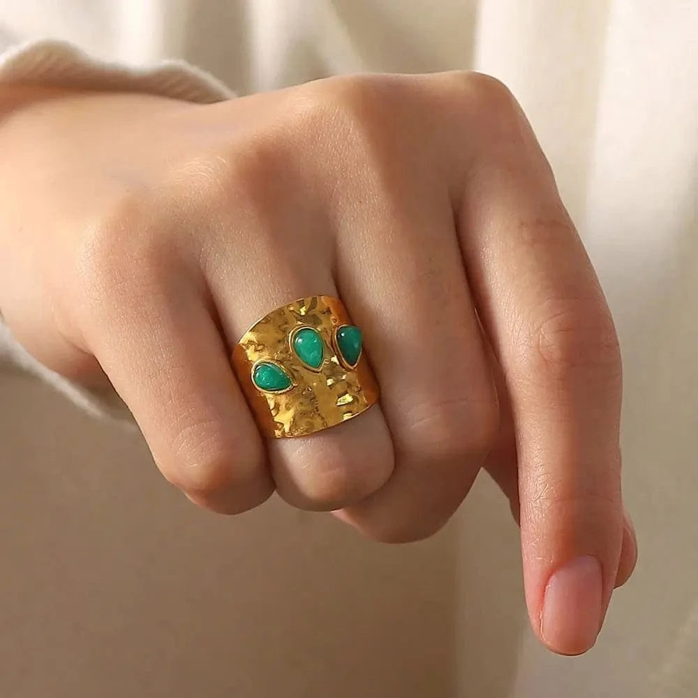 Resizable / Cute / R2020 R2020 3 Irregular Green Natural Stone Chunky Hammered 18K Gold Plated Stainless Steel Opening Ring