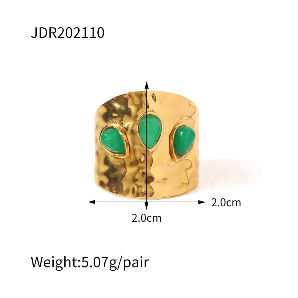 Resizable / Cute / R2020 R2020 3 Irregular Green Natural Stone Chunky Hammered 18K Gold Plated Stainless Steel Opening Ring