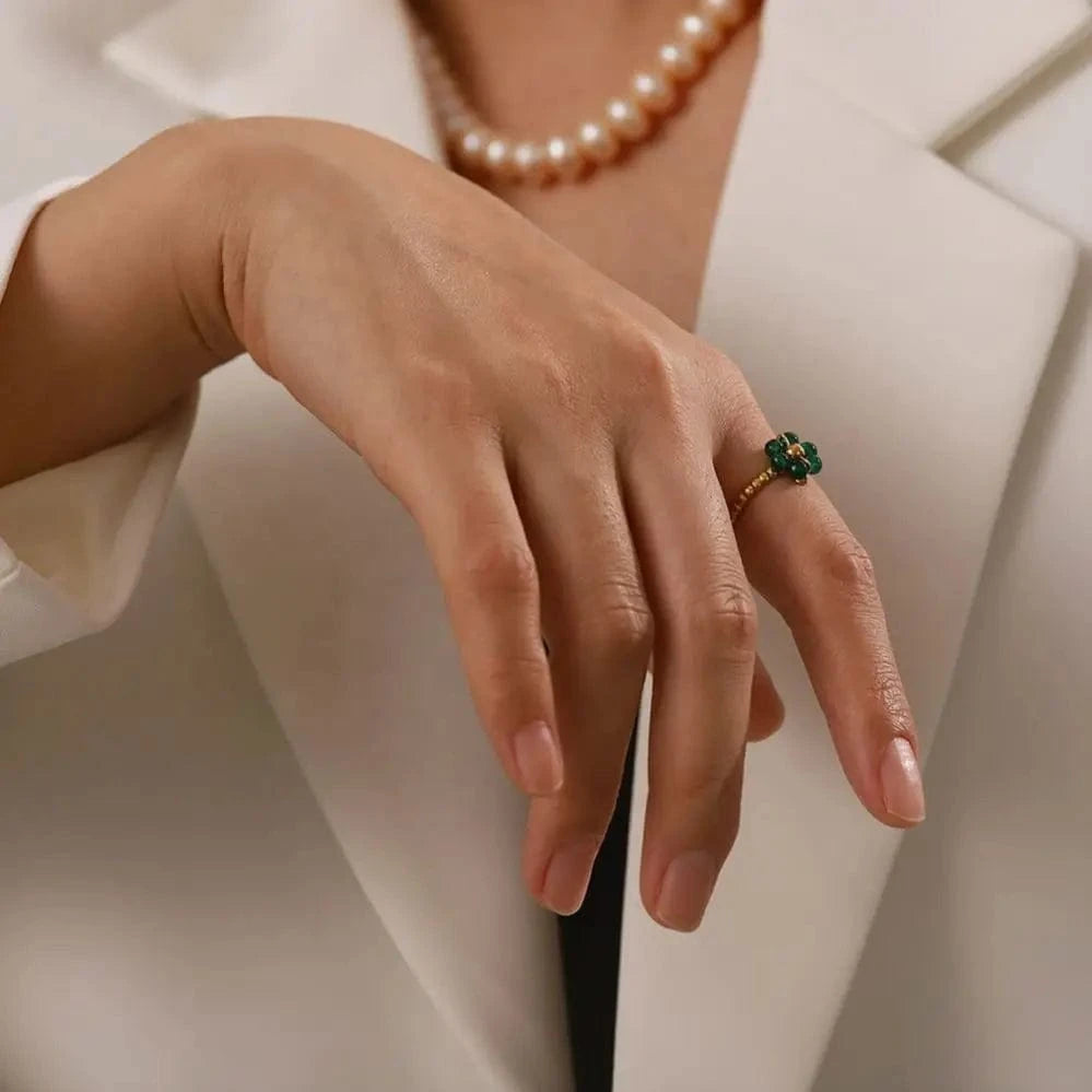 Resizable / Cute / R2072 R2072 Green Sunflower Natural Stone18K Gold Plated Stainless Steel Adjustable Rings Dainty Fashion Jewelry Rings
