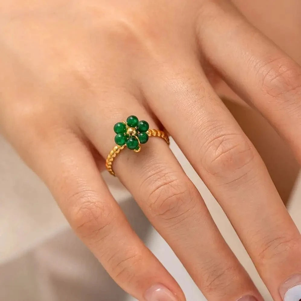 Resizable / Cute / R2072 R2072 Green Sunflower Natural Stone18K Gold Plated Stainless Steel Adjustable Rings Dainty Fashion Jewelry Rings