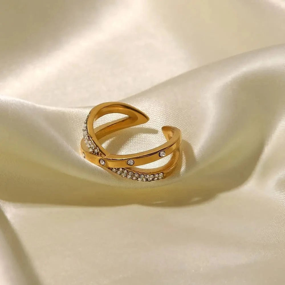 Resizable / Cute / R2074 R2074 2 Layer White Shiny Diamond X Cross 18K Gold Plated Stainless Steel Opening Rings Fashion Jewelry