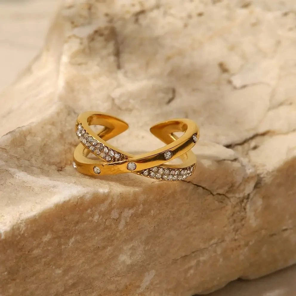 Resizable / Cute / R2074 R2074 2 Layer White Shiny Diamond X Cross 18K Gold Plated Stainless Steel Opening Rings Fashion Jewelry