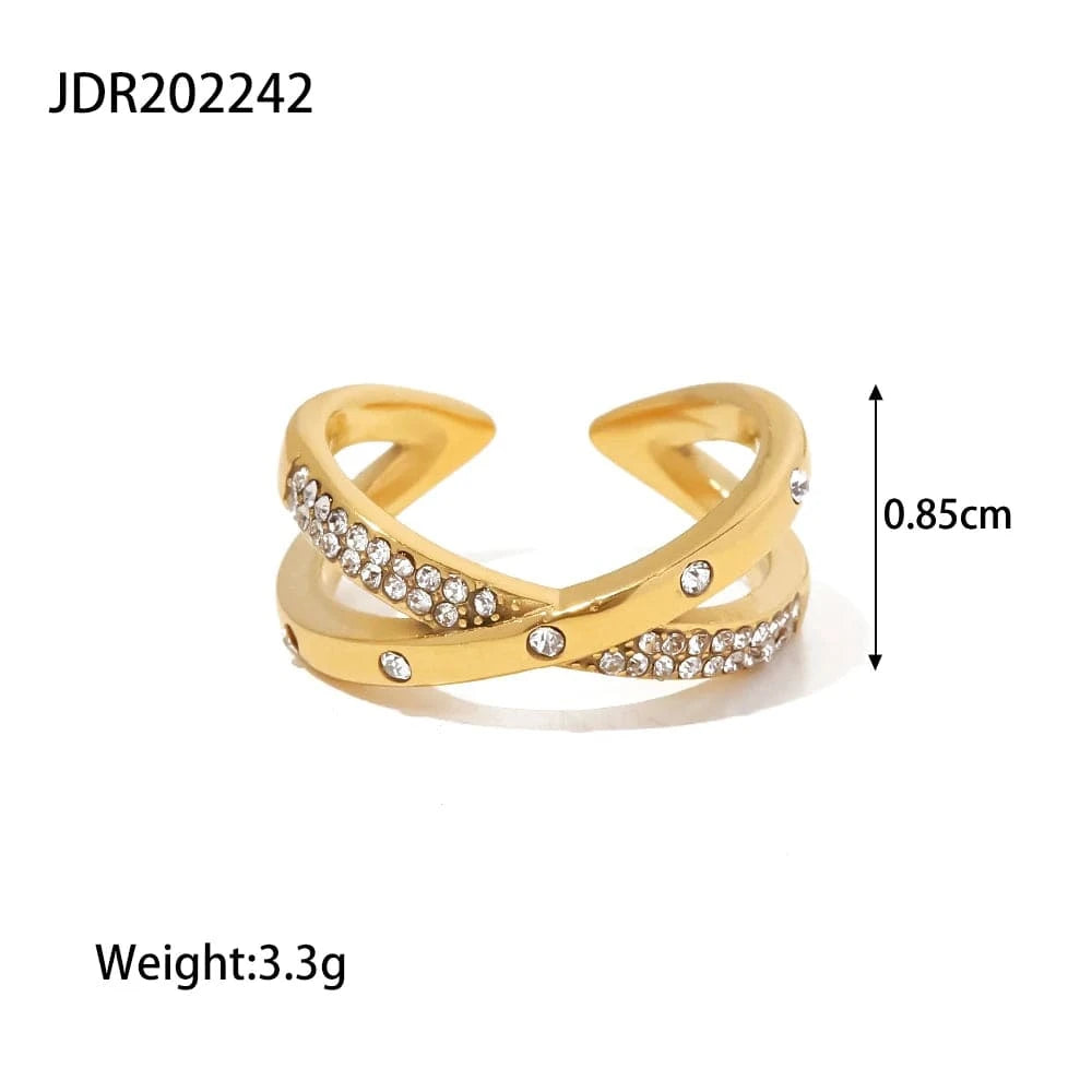 Resizable / Cute / R2074 R2074 2 Layer White Shiny Diamond X Cross 18K Gold Plated Stainless Steel Opening Rings Fashion Jewelry