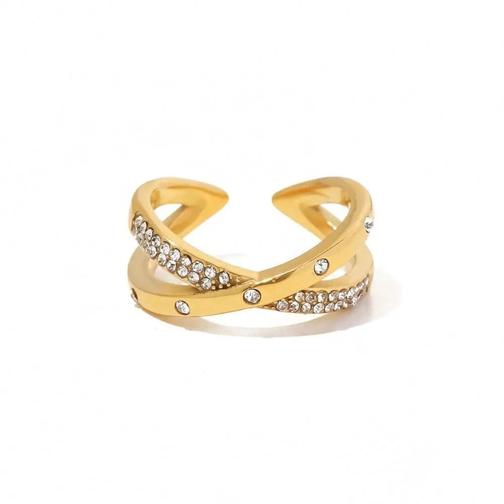 Resizable / Cute / R2074 R2074 2 Layer White Shiny Diamond X Cross 18K Gold Plated Stainless Steel Opening Rings Fashion Jewelry