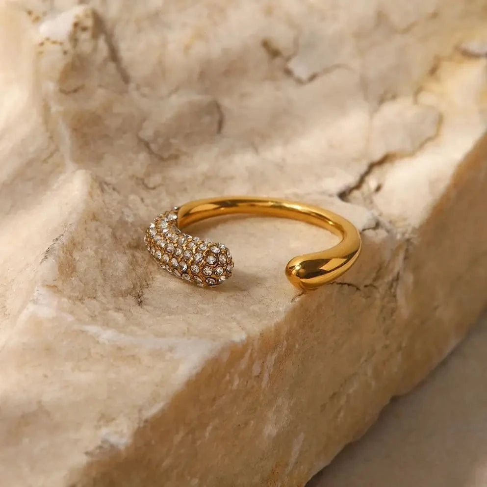 Resizable / Cute / R2076 R2076 Irregular Waterdop Shiny Small Cubic Zirconia 18K Gold Plated Stainless Steel Adjustable Rings