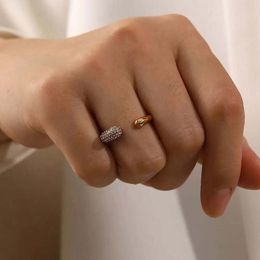 Resizable / Cute / R2076 R2076 Irregular Waterdop Shiny Small Cubic Zirconia 18K Gold Plated Stainless Steel Adjustable Rings