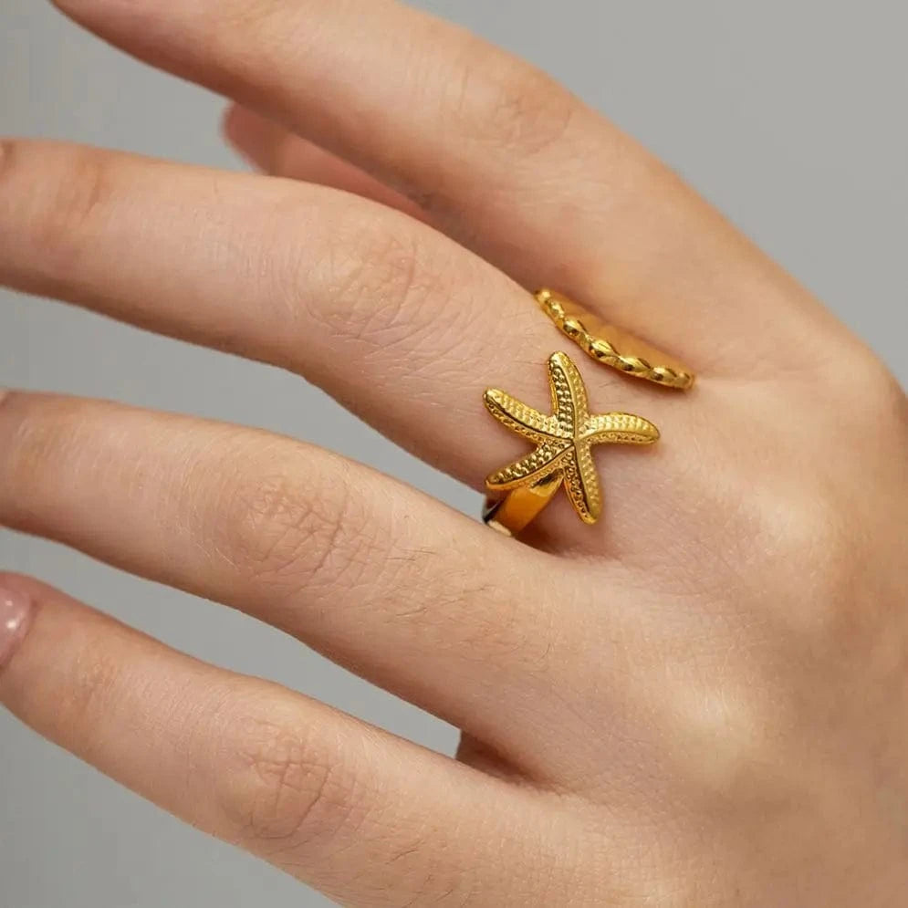 Resizable / Dainty / R1910 R1910 Ins Ocean Style Stainless Steel 18K PVD Plated  Shell and Starfish Rings Tarnish Free Rings  For Girls
