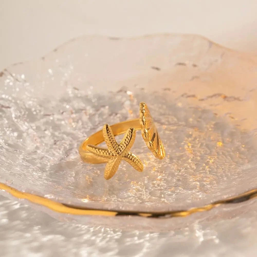 Resizable / Dainty / R1910 R1910 Ins Ocean Style Stainless Steel 18K PVD Plated  Shell and Starfish Rings Tarnish Free Rings  For Girls