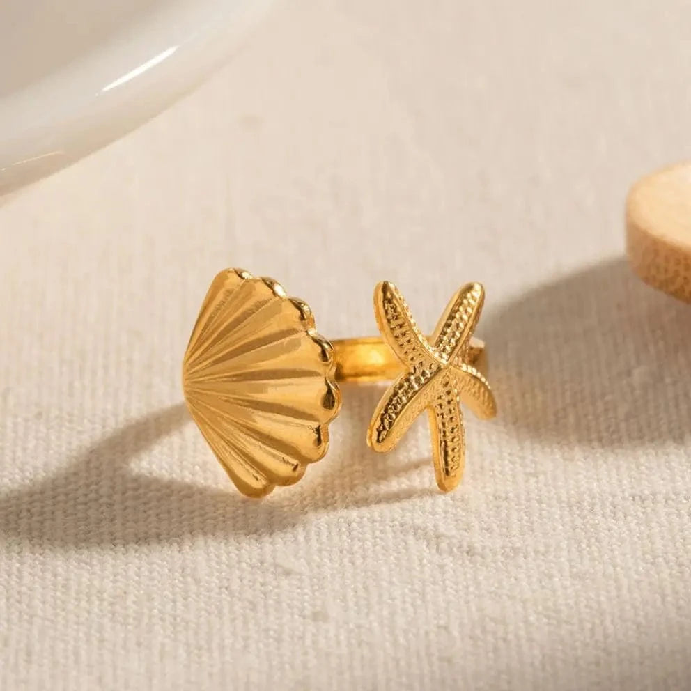 Resizable / Dainty / R1910 R1910 Ins Ocean Style Stainless Steel 18K PVD Plated  Shell and Starfish Rings Tarnish Free Rings  For Girls