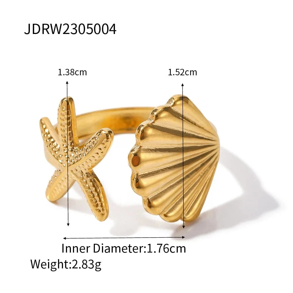 Resizable / Dainty / R1910 R1910 Ins Ocean Style Stainless Steel 18K PVD Plated  Shell and Starfish Rings Tarnish Free Rings  For Girls