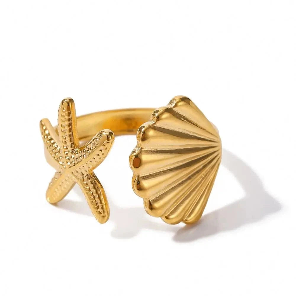 Resizable / Dainty / R1910 R1910 Ins Ocean Style Stainless Steel 18K PVD Plated  Shell and Starfish Rings Tarnish Free Rings  For Girls