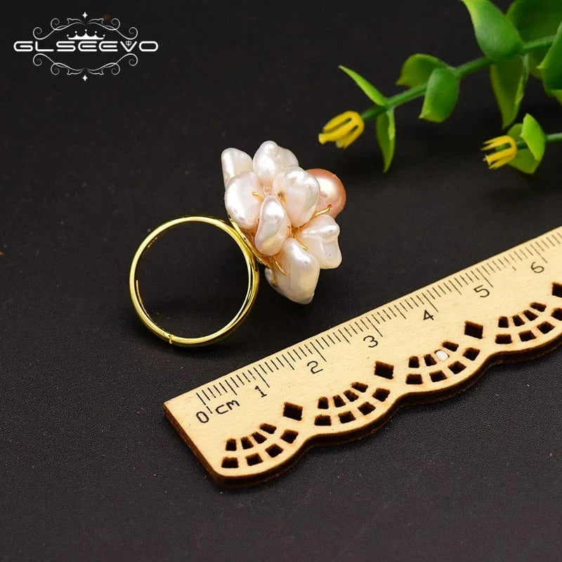 Resizable / GR0237 925 Sterling Silver Ring NaturalBaroque Pearl Flower Adjustable Ring For Women Wedding Engagement Jewelry
