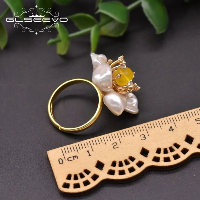 Resizable / GR0266B Natural Baroque Pearl Adjustable Rings 925 Sterling Silver Women's Flower Ring Handmade Gift Jewelry