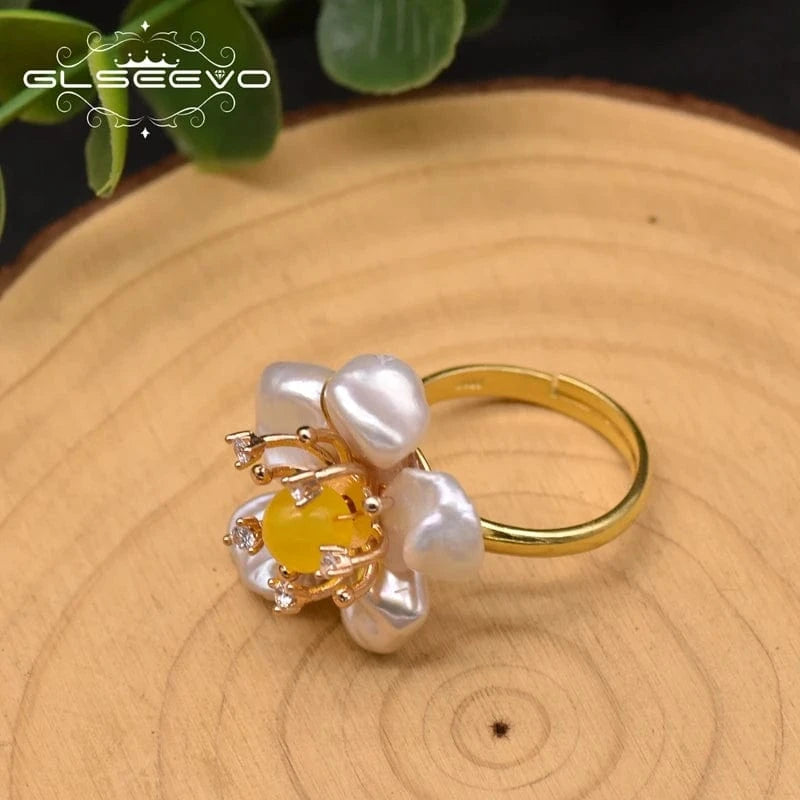 Resizable / GR0266B Natural Baroque Pearl Adjustable Rings 925 Sterling Silver Women's Flower Ring Handmade Gift Jewelry
