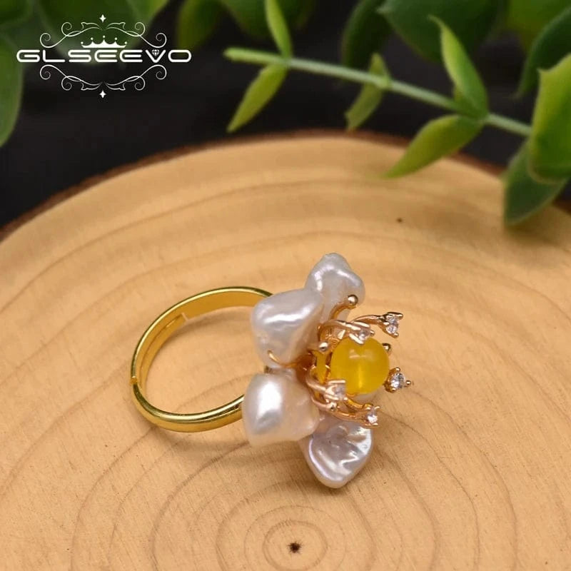 Resizable / GR0266B Natural Baroque Pearl Adjustable Rings 925 Sterling Silver Women's Flower Ring Handmade Gift Jewelry