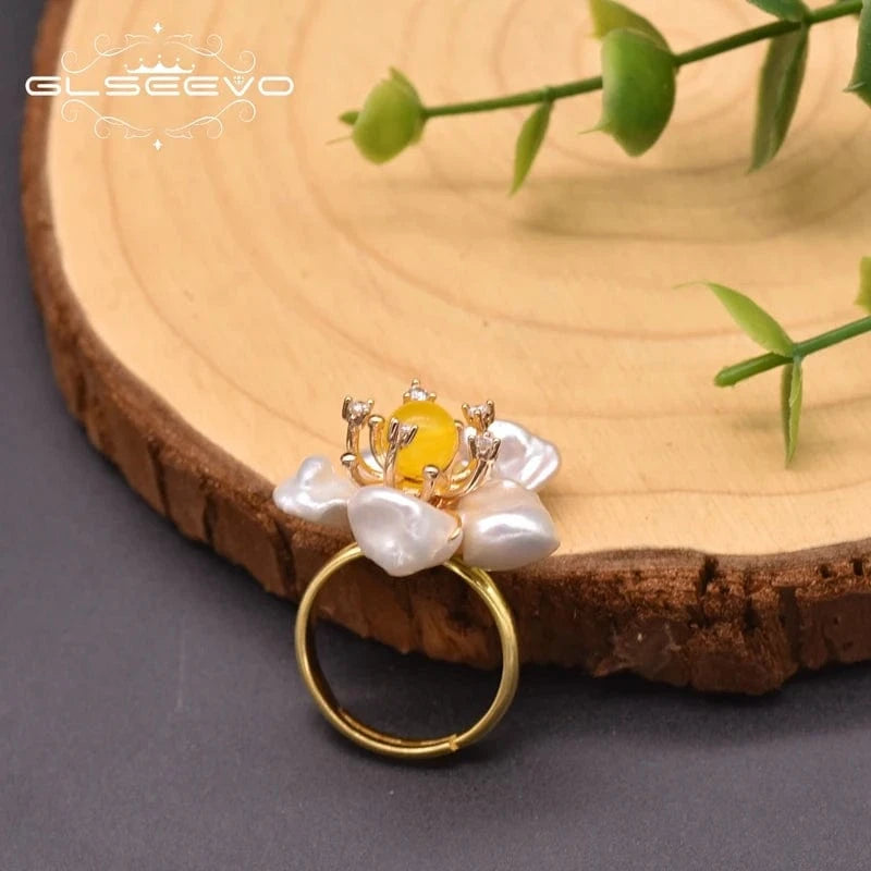 Resizable / GR0266B Natural Baroque Pearl Adjustable Rings 925 Sterling Silver Women's Flower Ring Handmade Gift Jewelry