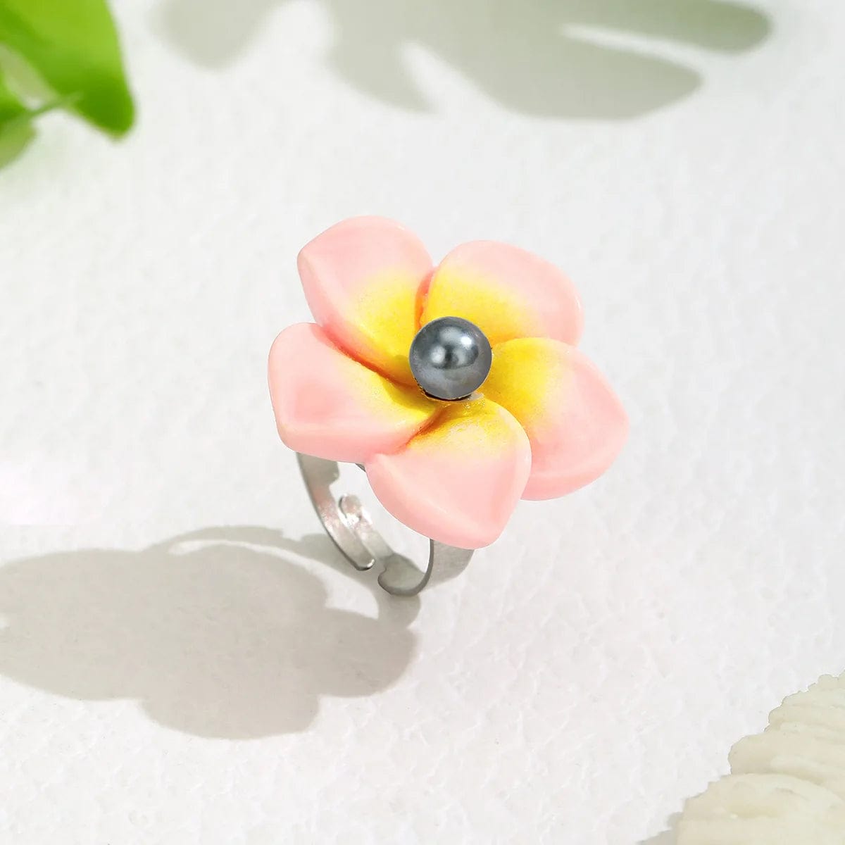 Resizable / HEX575-3 PINK hawaii jewelry stainless steel base  plumeria flower shell  Pearl Rings women flexible ring