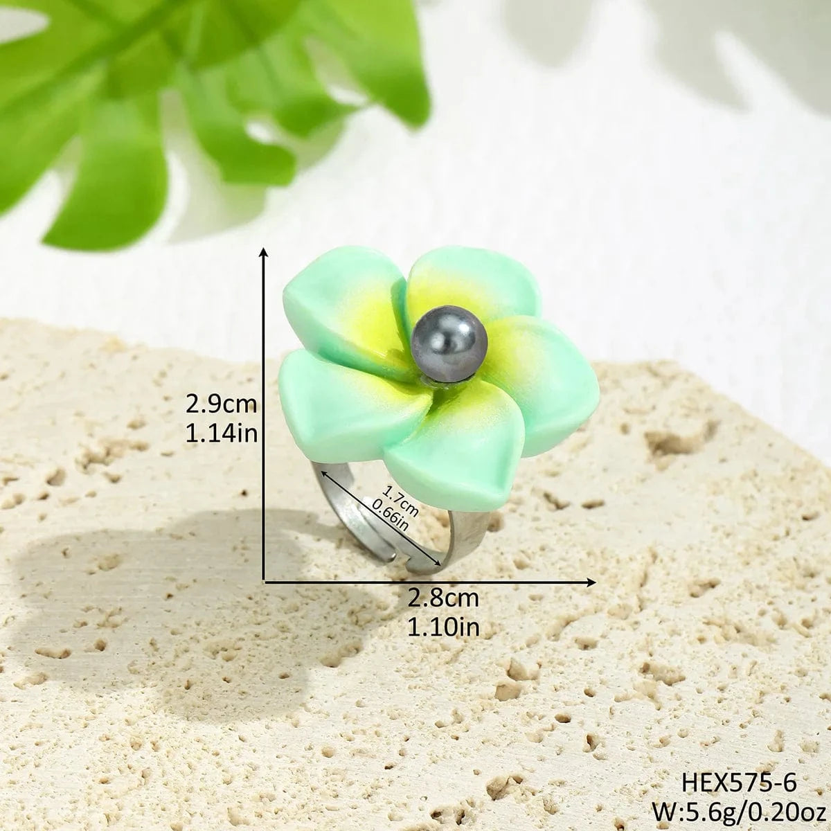 Resizable / HEX575-6  GREEN YELLOW hawaii jewelry stainless steel base  plumeria flower shell  Pearl Rings women flexible ring