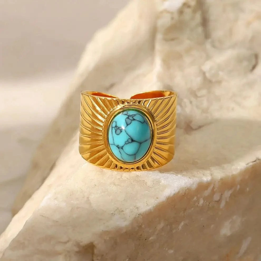 Resizable / Hip hop / R2119 R2119 18k Gold Plated Turquoise Swirl Marks Wide Opening Stainless Steel Rings For Women Jewelry