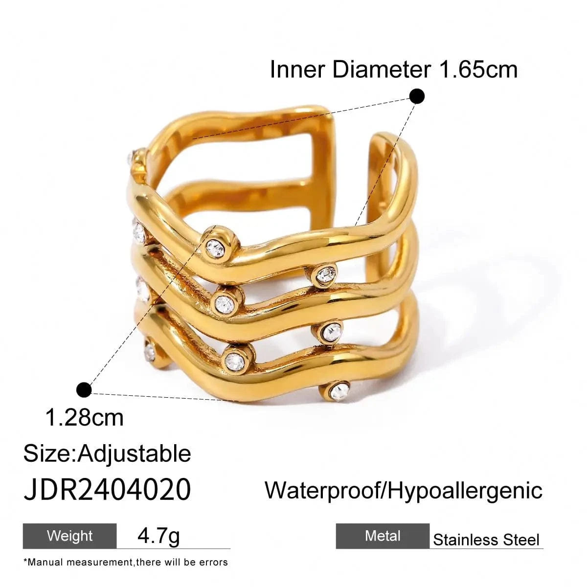 Resizable / Hiphop / R2617 R2617 J&D18K Gold IP Plateding Stainless Steel Irregular Crystal Round Three Layers Wave Opening Resizable Ring
