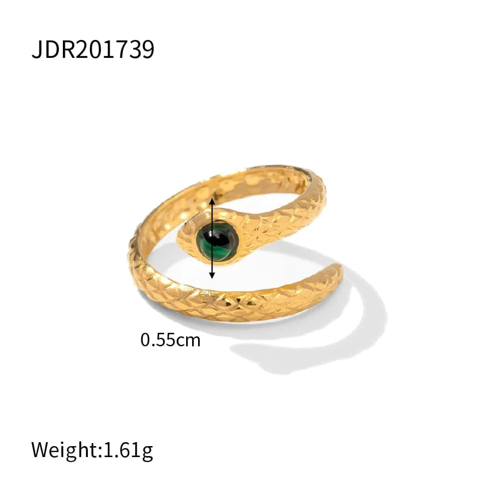 Resizable / luxury / R2820 R2820 Ins Popular 18K Gold Plated Snake Green Stone Cross Ring Stainless Steel Layer Emerald Open Rings