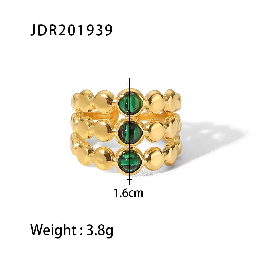 Resizable / luxury / R2881 R2820 Ins Popular 18K Gold Plated Snake Green Stone Cross Ring Stainless Steel Layer Emerald Open Rings