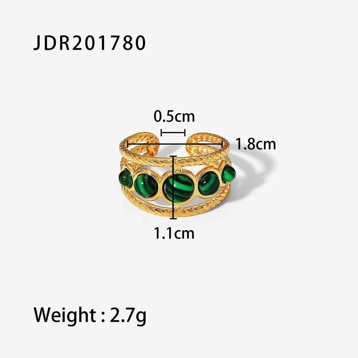 Resizable / luxury / R2883 R2820 Ins Popular 18K Gold Plated Snake Green Stone Cross Ring Stainless Steel Layer Emerald Open Rings