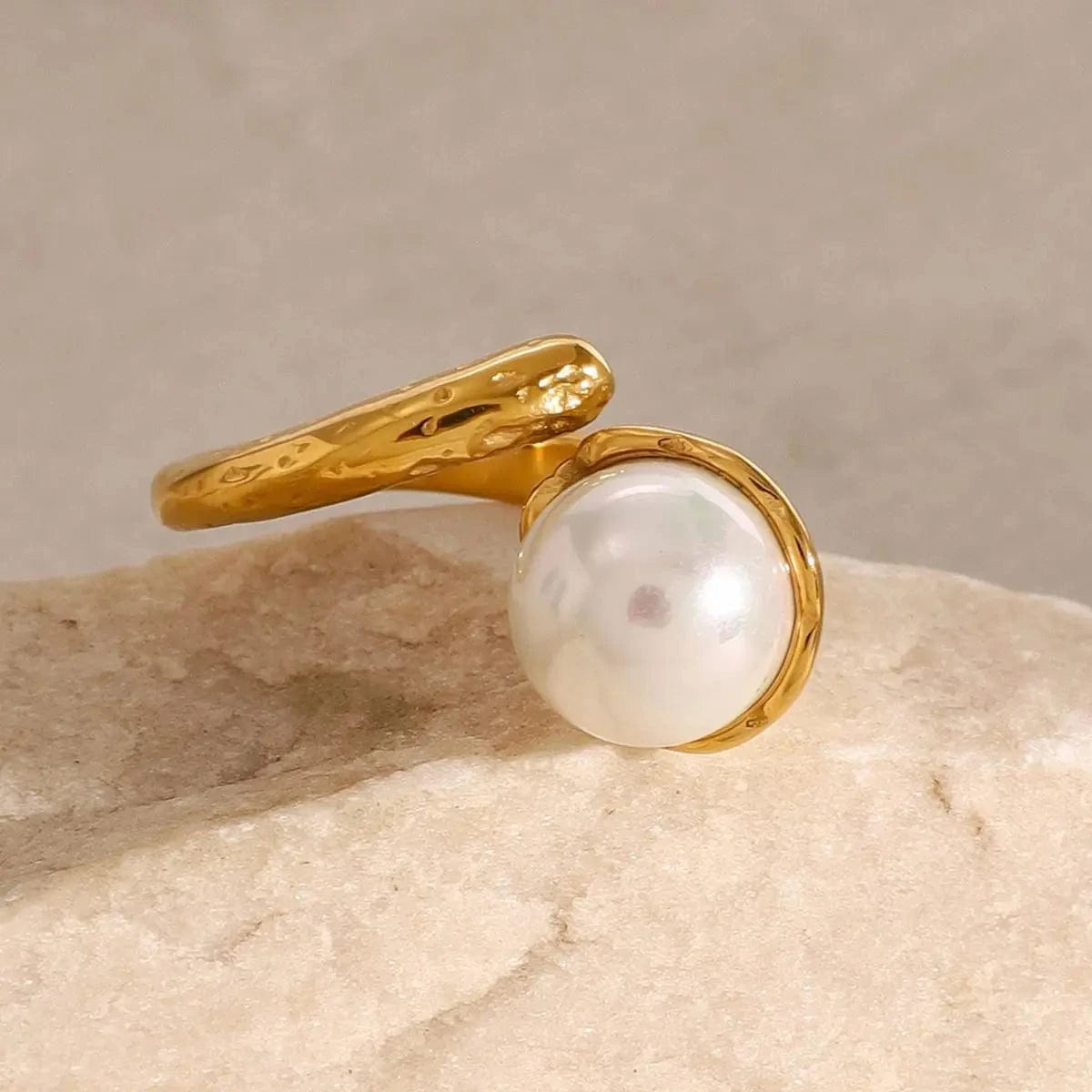 Resizable / minimalist / R2410 R2410 18k Gold Stainless Steel Ins Style Irregular Hammered Pearl Adjustable Open Rings