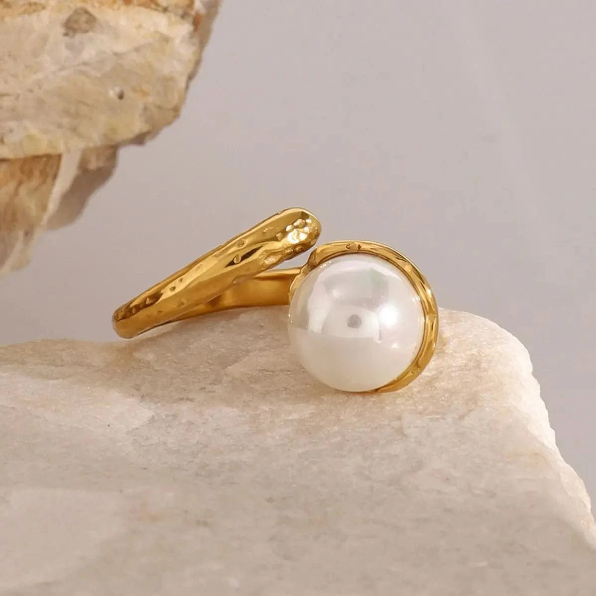 Resizable / minimalist / R2410 R2410 18k Gold Stainless Steel Ins Style Irregular Hammered Pearl Adjustable Open Rings