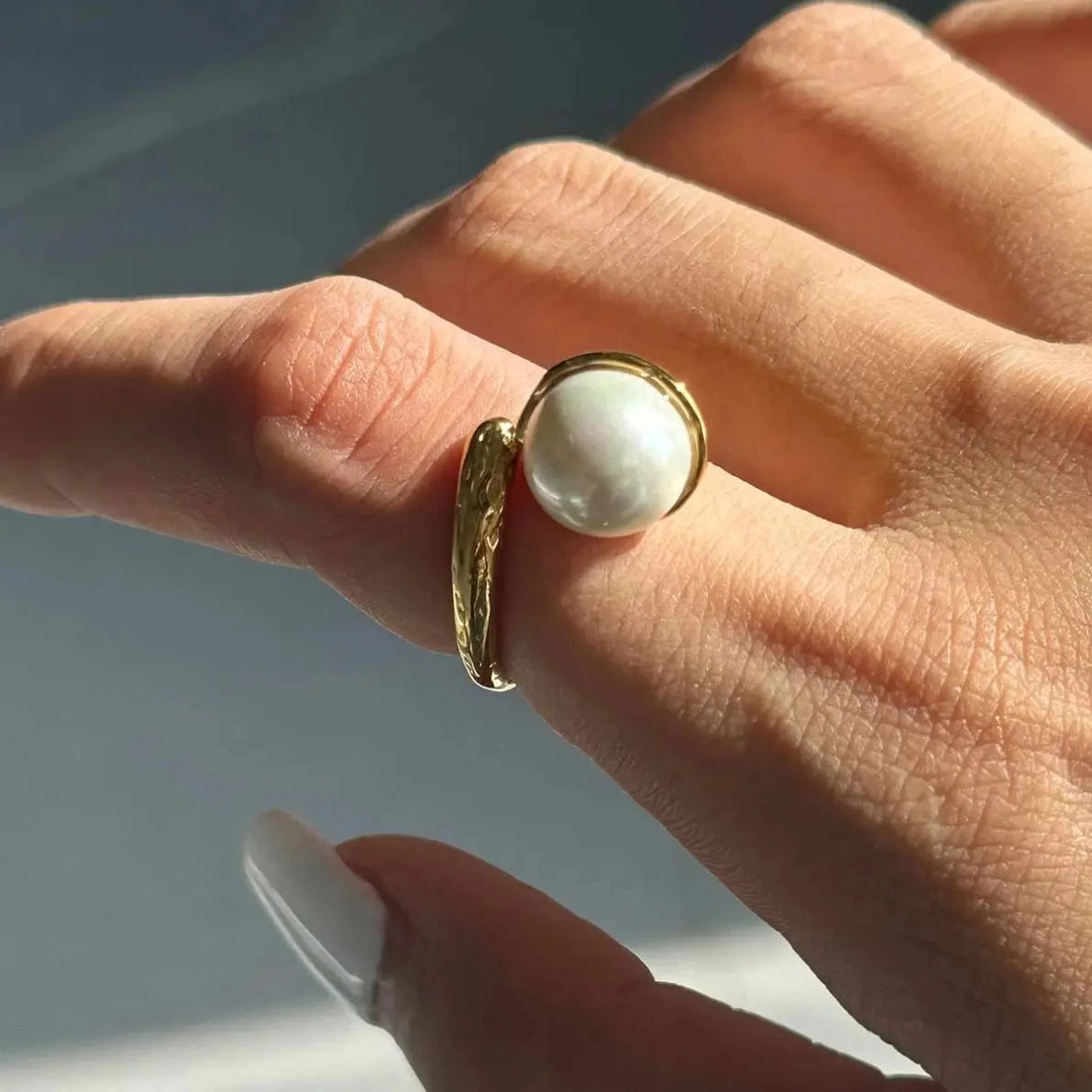 Resizable / minimalist / R2410 R2410 18k Gold Stainless Steel Ins Style Irregular Hammered Pearl Adjustable Open Rings
