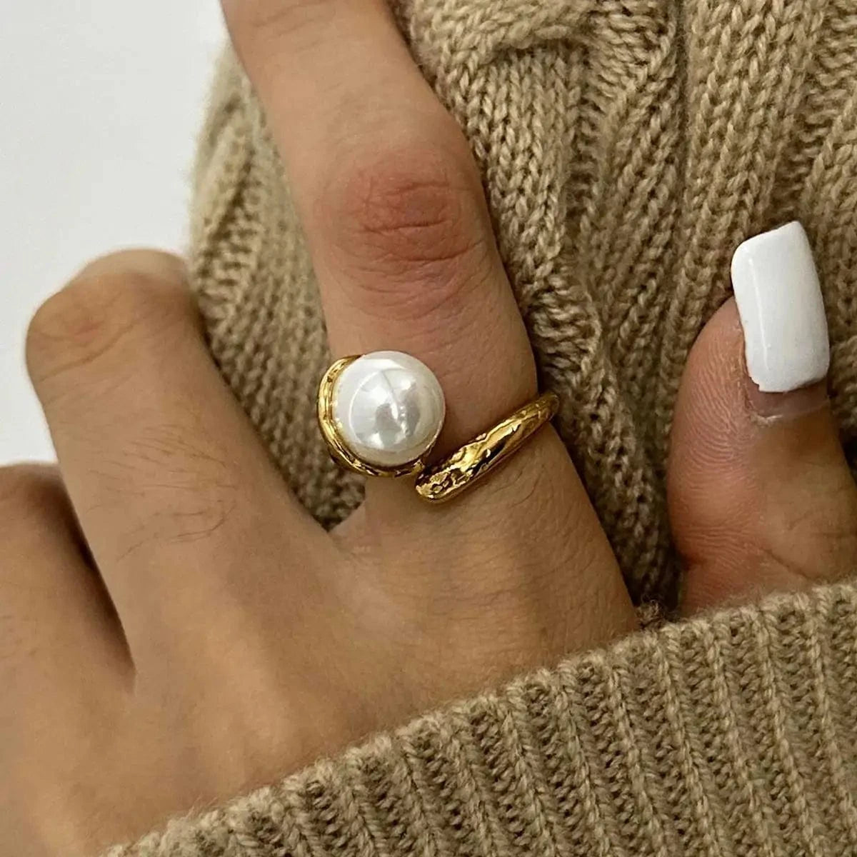 Resizable / minimalist / R2410 R2410 18k Gold Stainless Steel Ins Style Irregular Hammered Pearl Adjustable Open Rings