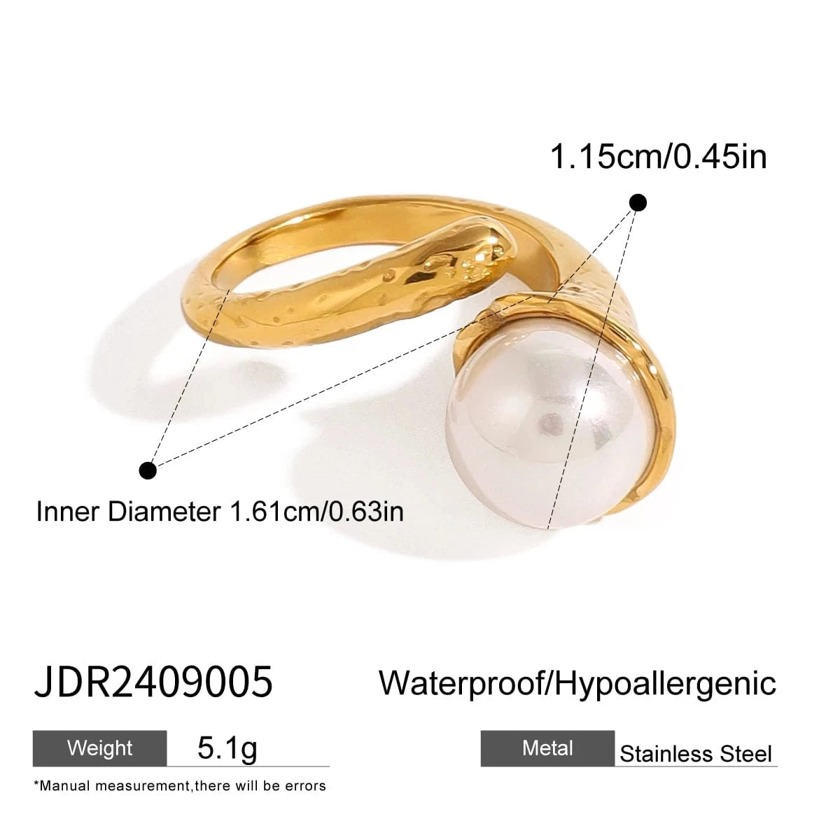 Resizable / minimalist / R2410 R2410 18k Gold Stainless Steel Ins Style Irregular Hammered Pearl Adjustable Open Rings