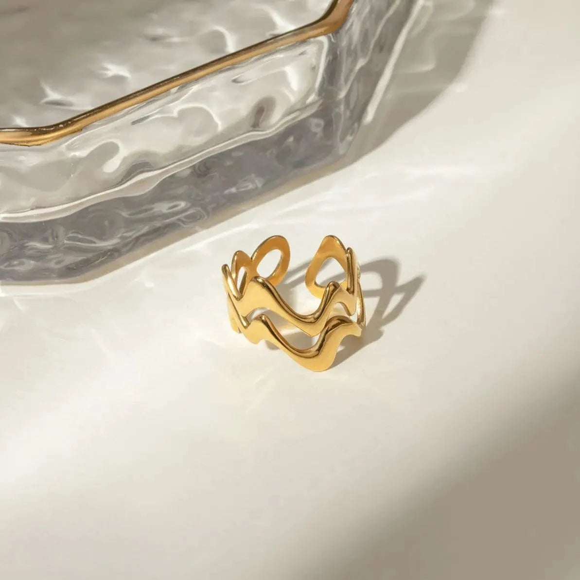 Resizable / minimalist / R2579 R2579 Minimalist Women Stainless Steel Jewelry Rings 18K Gold Plated Double Wave Open Rings