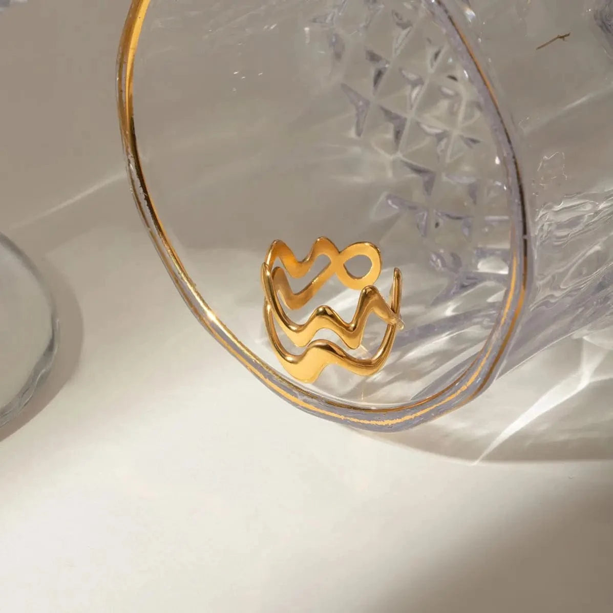 Resizable / minimalist / R2579 R2579 Minimalist Women Stainless Steel Jewelry Rings 18K Gold Plated Double Wave Open Rings