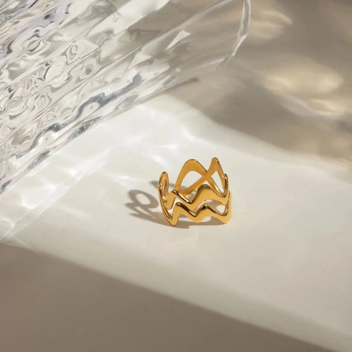 Resizable / minimalist / R2579 R2579 Minimalist Women Stainless Steel Jewelry Rings 18K Gold Plated Double Wave Open Rings