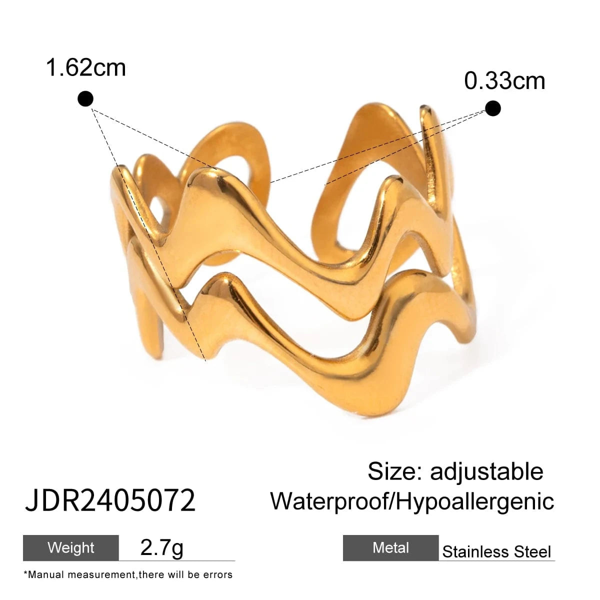 Resizable / minimalist / R2579 R2579 Minimalist Women Stainless Steel Jewelry Rings 18K Gold Plated Double Wave Open Rings