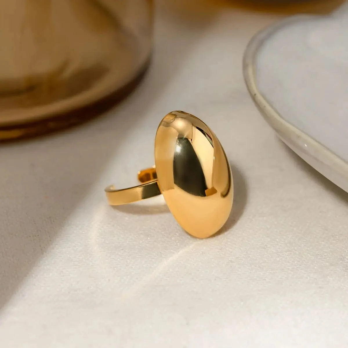 Resizable / minimalist / R2630 R2630 Minimalist Glossy Surface Stainless Steel Rings 18K Gold Plated Oval Polished Open Rings For Women