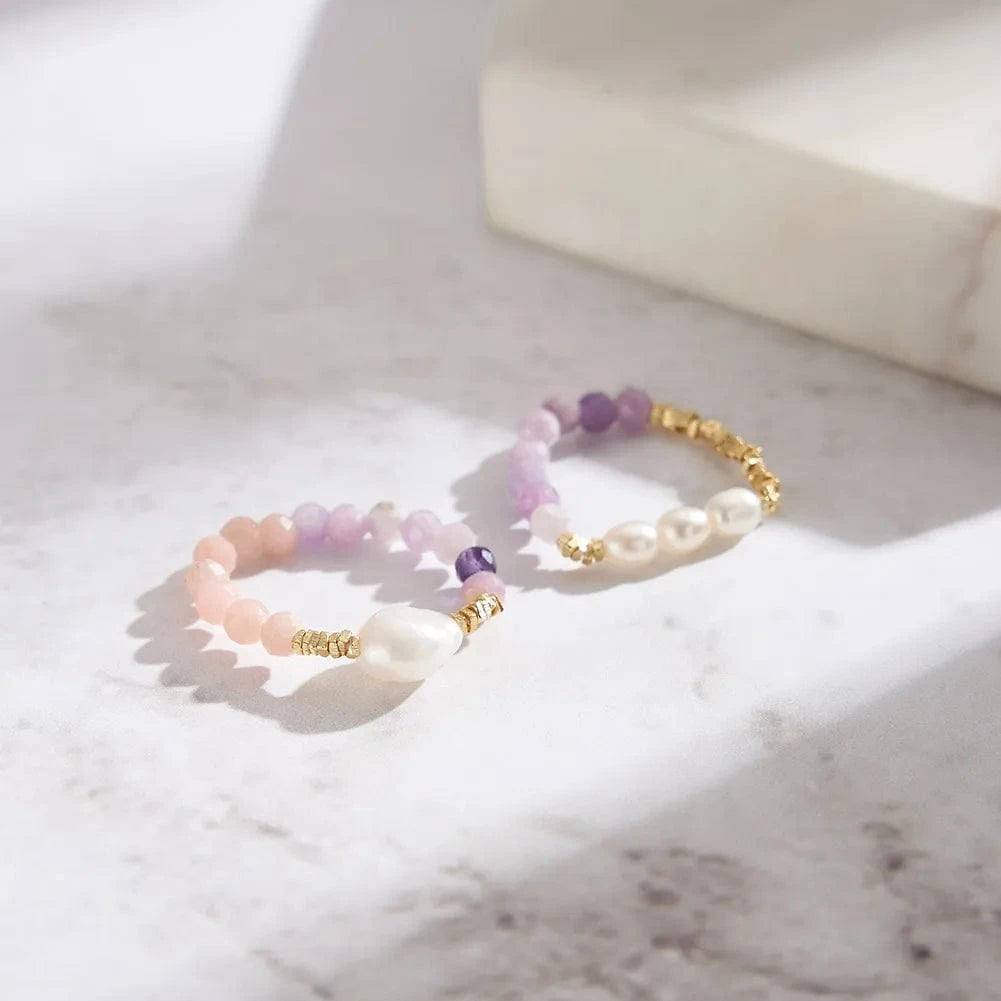 Resizable / MPR03-14K RINNTIN MPR03 New Trendy Pearl Purple Mica Beads Rings Gold Nugget For Women Men Handmade Ring Festival Jewelry