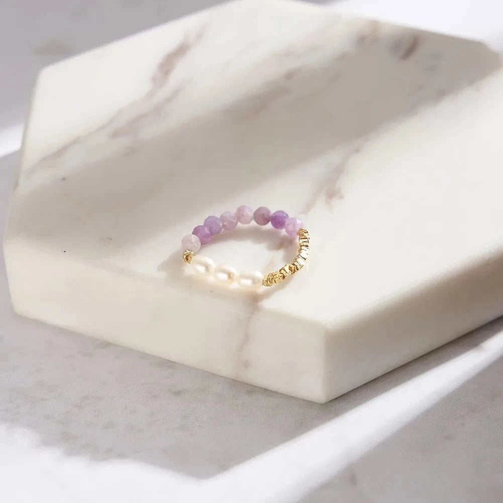 Resizable / MPR03-14K RINNTIN MPR03 New Trendy Pearl Purple Mica Beads Rings Gold Nugget For Women Men Handmade Ring Festival Jewelry