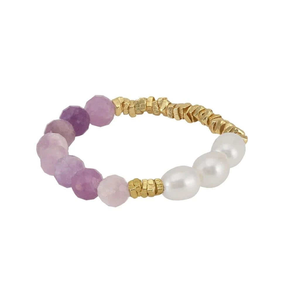 Resizable / MPR03-14K RINNTIN MPR03 New Trendy Pearl Purple Mica Beads Rings Gold Nugget For Women Men Handmade Ring Festival Jewelry