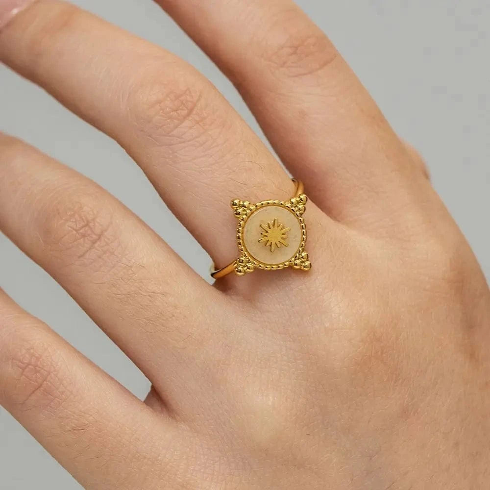 Resizable / R1908 R1908 Waterproof Stainless Steel 18K Gold Plated Jewelry Gift Opening Disc Natural Gemstone Star Rings for Girls