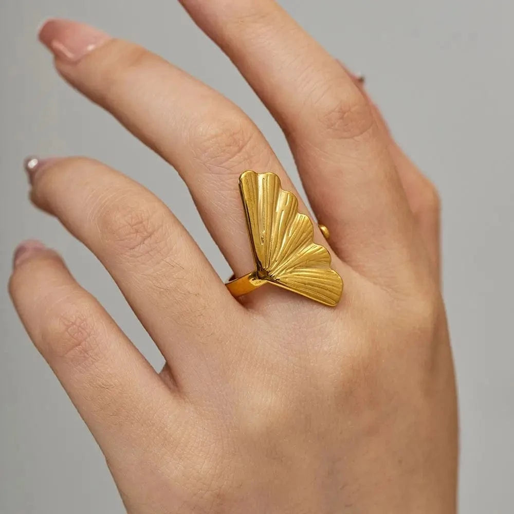 Resizable / R1909 R1909 Arrival Stainless Steel 18K Gold Plated Ring Gift Opening Ginkgo Leaf Shaped Rings For Women