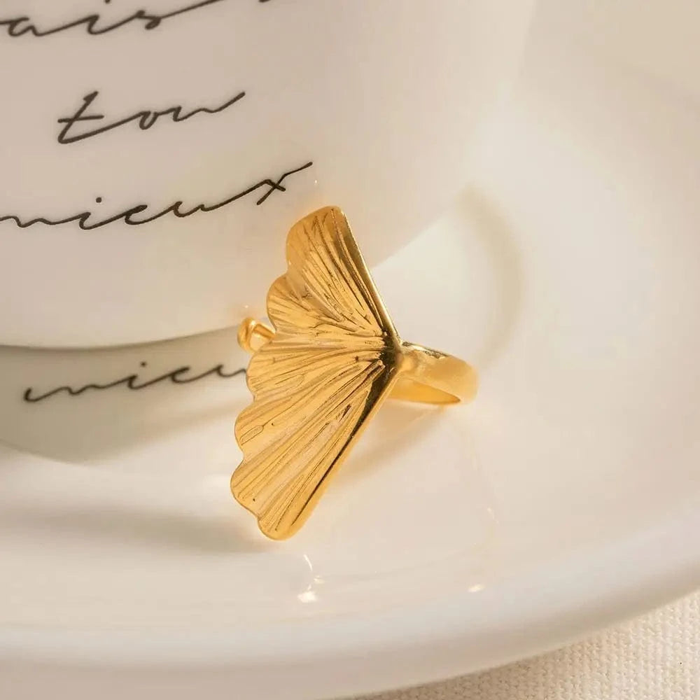 Resizable / R1909 R1909 Arrival Stainless Steel 18K Gold Plated Ring Gift Opening Ginkgo Leaf Shaped Rings For Women