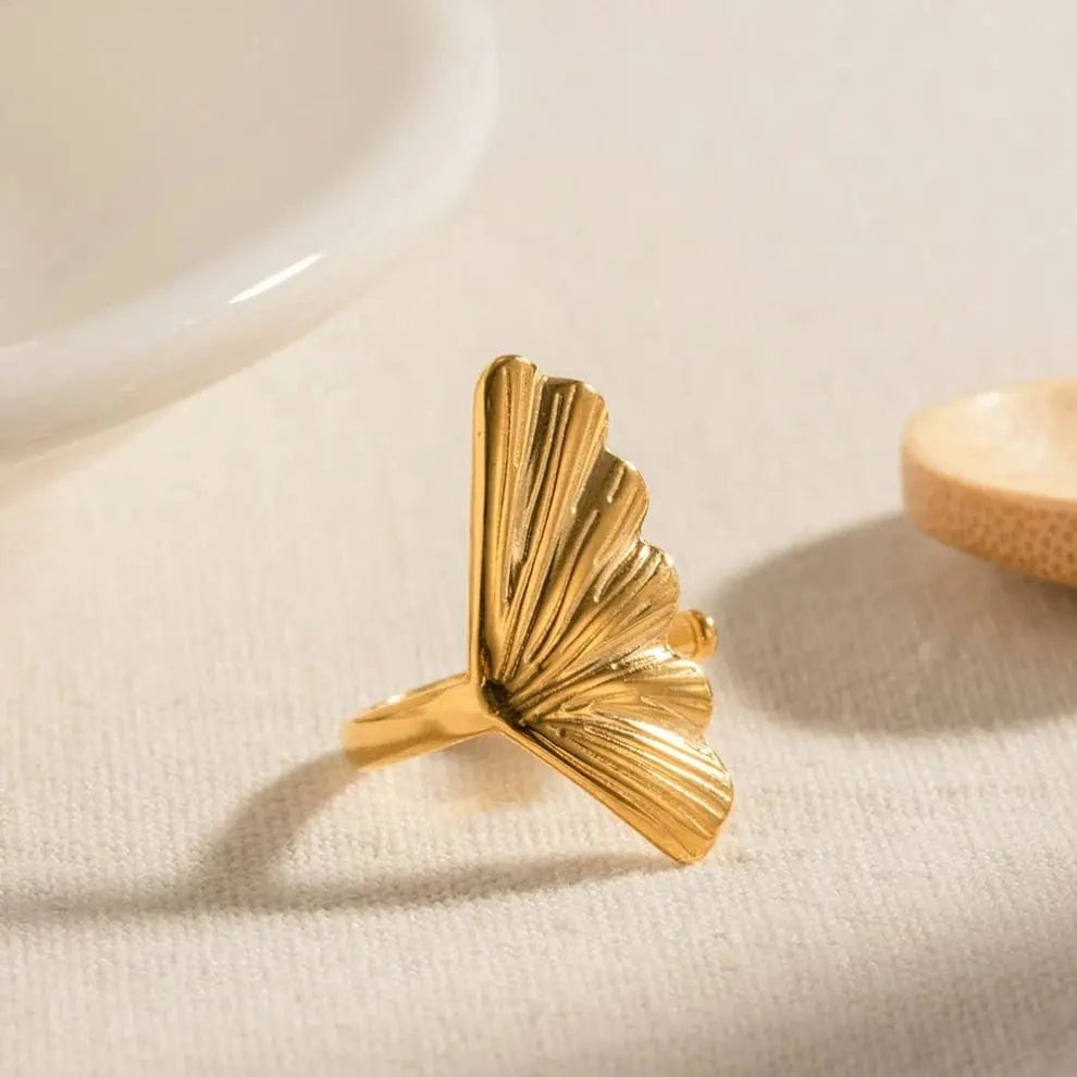 Resizable / R1909 R1909 Arrival Stainless Steel 18K Gold Plated Ring Gift Opening Ginkgo Leaf Shaped Rings For Women