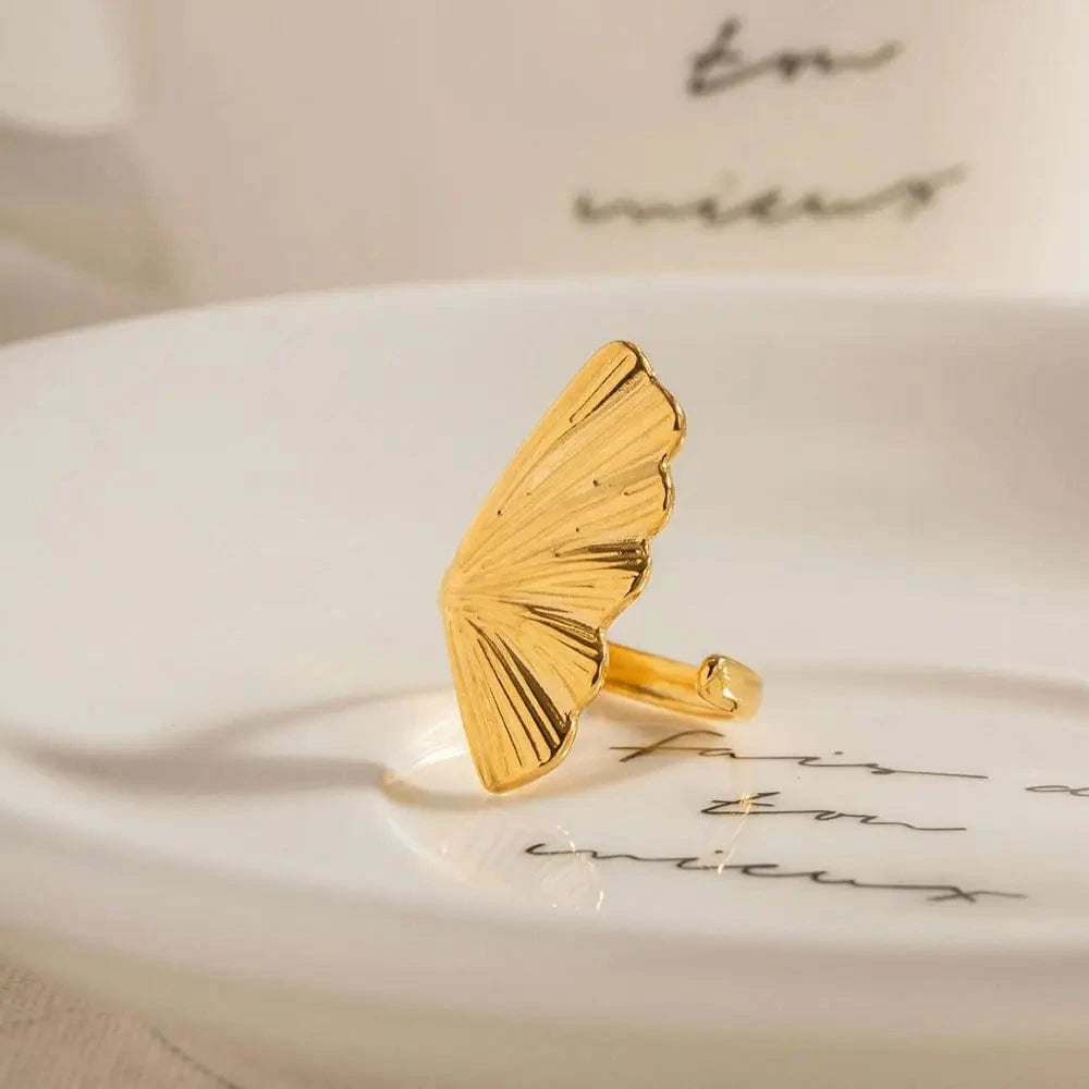 Resizable / R1909 R1909 Arrival Stainless Steel 18K Gold Plated Ring Gift Opening Ginkgo Leaf Shaped Rings For Women