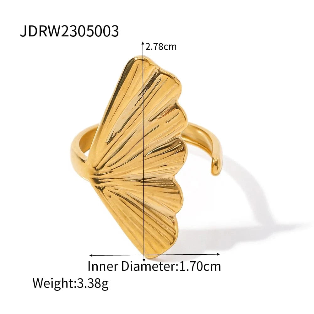 Resizable / R1909 R1909 Arrival Stainless Steel 18K Gold Plated Ring Gift Opening Ginkgo Leaf Shaped Rings For Women