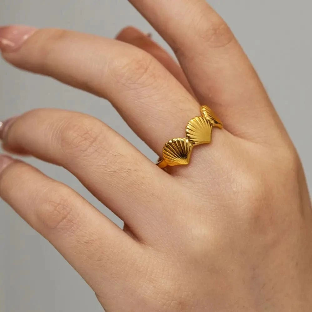 Resizable / R1913 R1913 Wholesale Stainless Steel 18K Gold Plated Jewelry Gift Stacking Lovely Opening Scallop Shell Rings