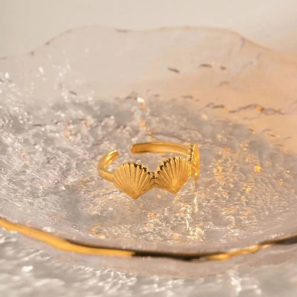 Resizable / R1913 R1913 Wholesale Stainless Steel 18K Gold Plated Jewelry Gift Stacking Lovely Opening Scallop Shell Rings