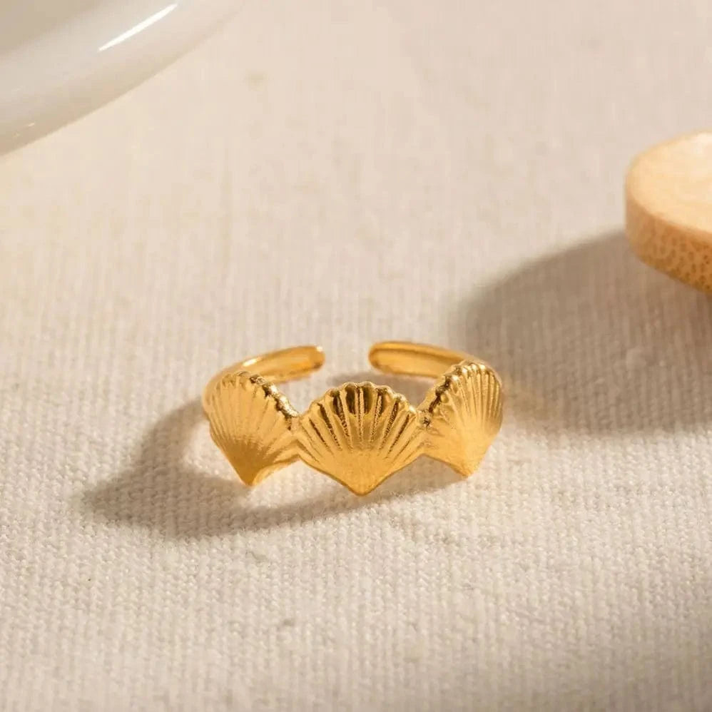 Resizable / R1913 R1913 Wholesale Stainless Steel 18K Gold Plated Jewelry Gift Stacking Lovely Opening Scallop Shell Rings