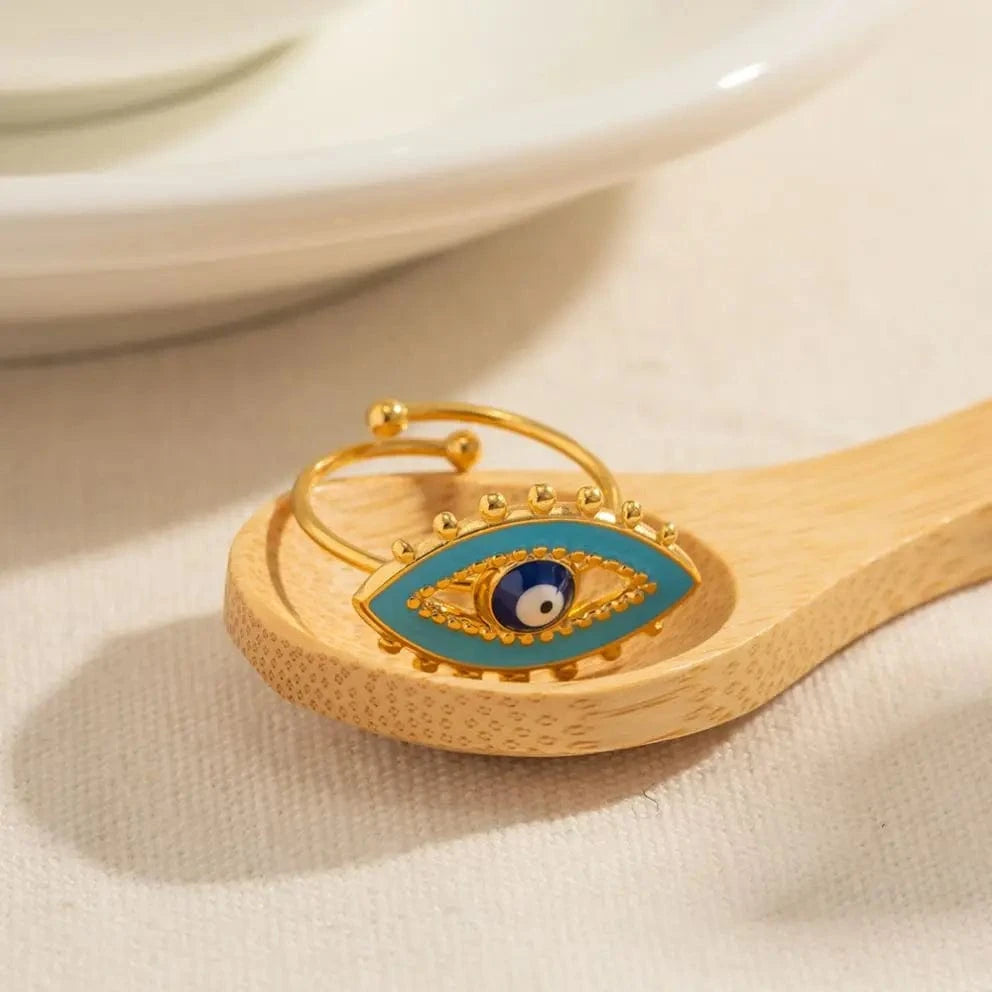 Resizable / R1930 R1930 Luxury Jewelry 18K Gold Plated Evil Eyes Ring Stainless Steel Blue Enamel Eye Adjustable Rings for Women